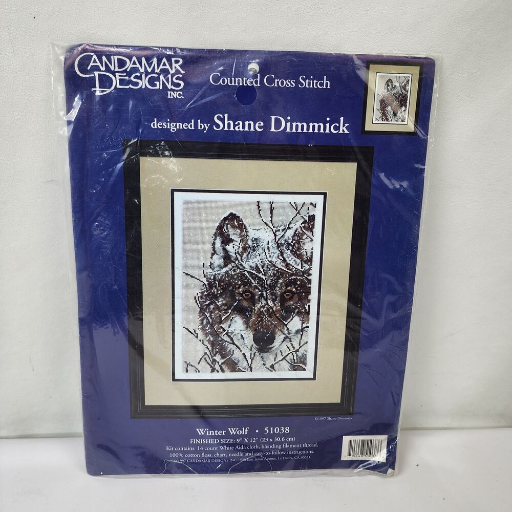 Sealed 1997 Cross Stitch Kit "Winter Wolf " Candamar Designs 51038 9" x 12"